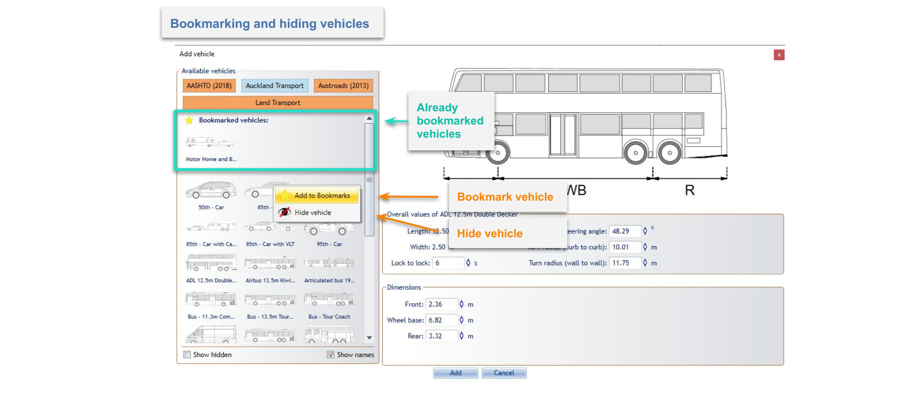 Bookmark and Hide vehicle option inside the Vehicle Library Window